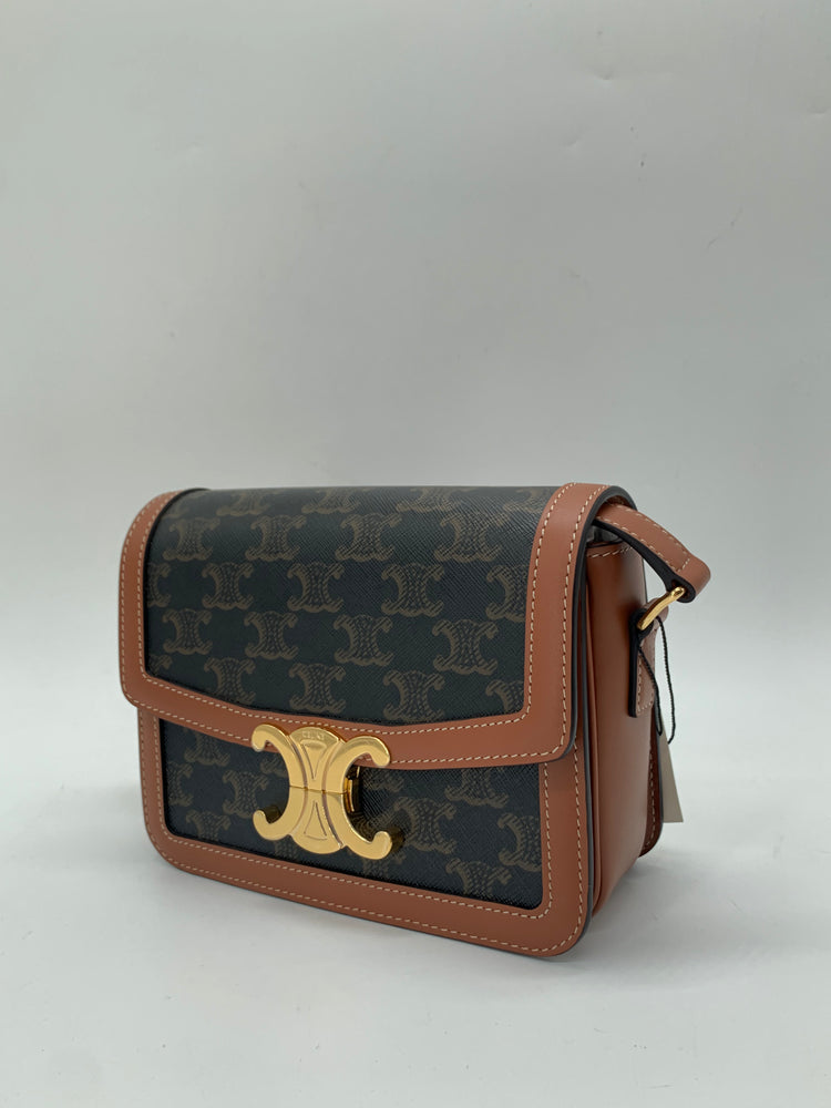 Celine Triomphe Teen Bag In Canvas And Calfskin Tan
