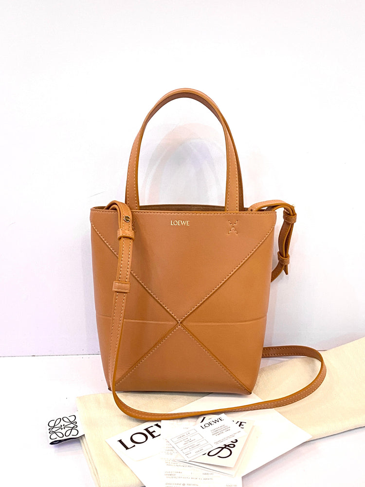 Loewe Mini Puzzle Fold Tote Shiny Calfskin In Warm Dessert Ghw