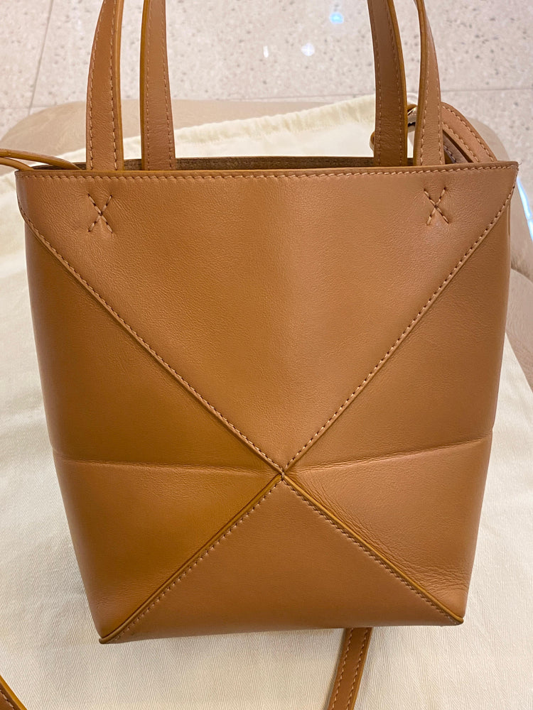 Loewe Mini Puzzle Fold Tote Shiny Calfskin In Warm Dessert Ghw