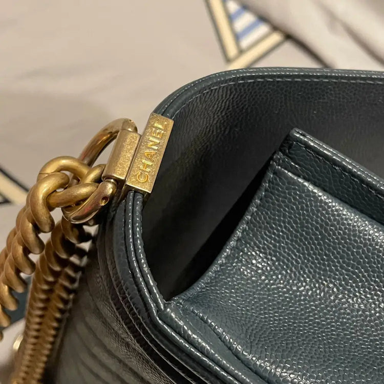 Chanel New Mediun Chevron In Navy Blue With Caviar Leather #25 Crossbody Bag