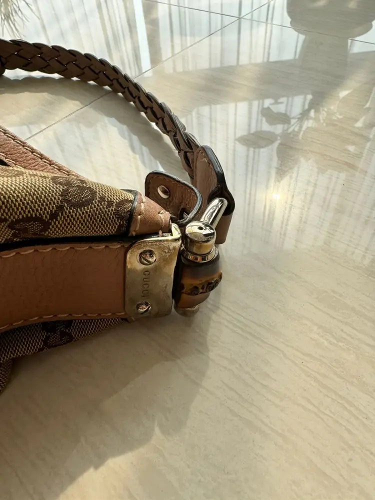 Gucci Monogram Canvas Tote Bag With Braided Leather Brown 2007 Shoulder