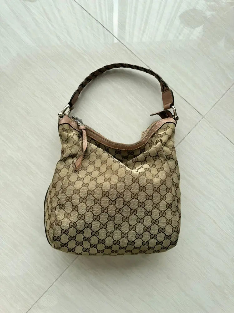 Gucci Monogram Canvas Tote Bag With Braided Leather Brown 2007 Shoulder