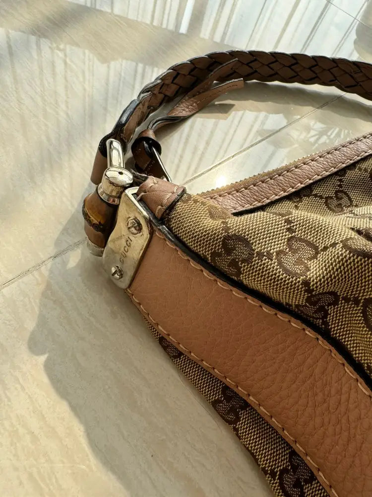 Gucci Monogram Canvas Tote Bag With Braided Leather Brown 2007 Shoulder