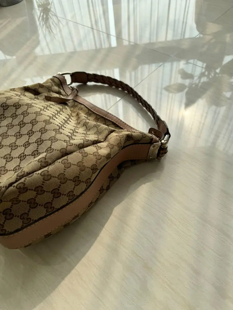 Gucci Monogram Canvas Tote Bag With Braided Leather Brown 2007 Shoulder