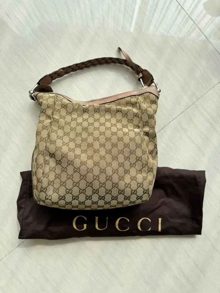 Gucci Monogram Canvas Tote Bag With Braided Leather Brown 2007 Shoulder