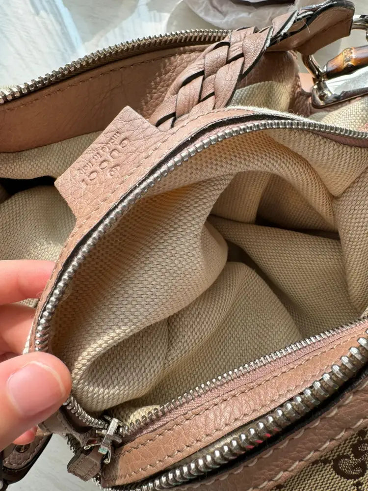 Gucci Monogram Canvas Tote Bag With Braided Leather Brown 2007 Shoulder