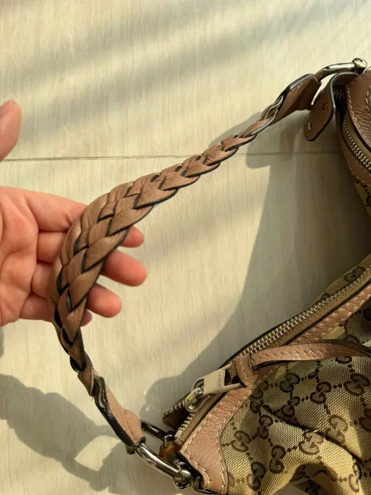 Gucci Monogram Canvas Tote Bag With Braided Leather Brown 2007 Shoulder