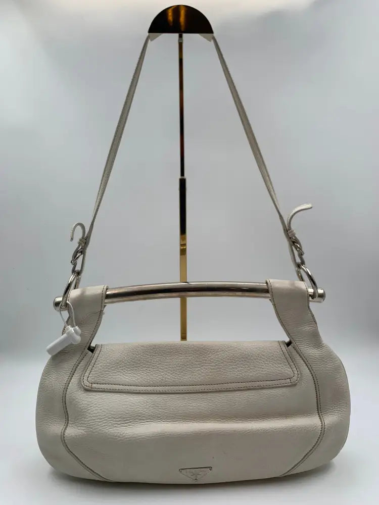 Prada White Leather Bar Shoulder Bag Silver Cream