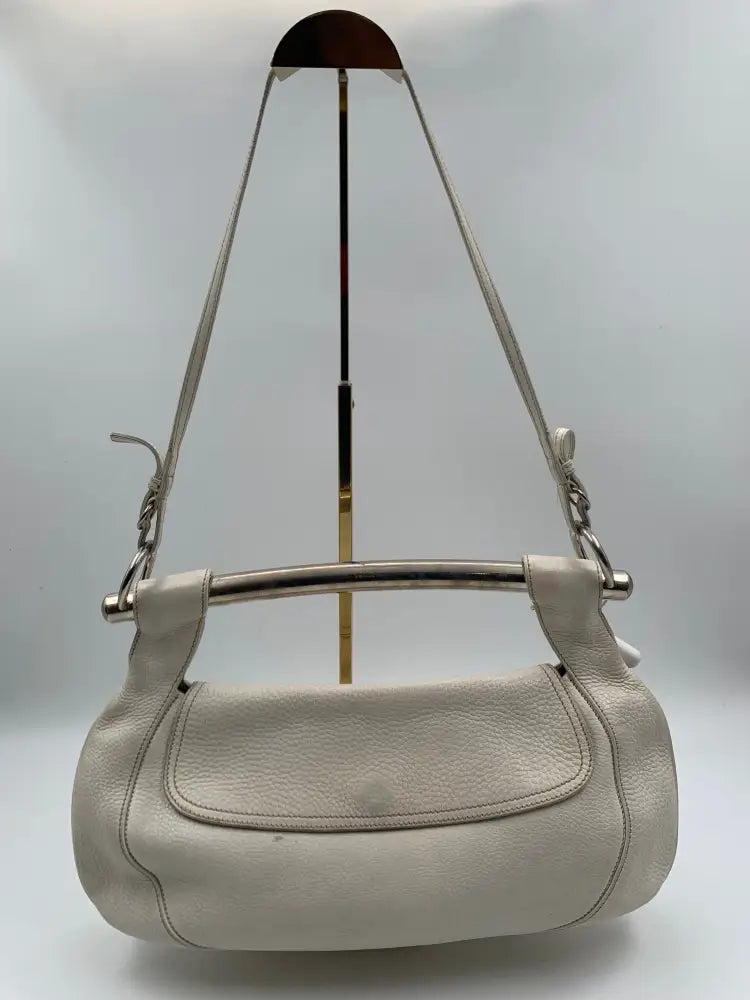 Prada White Leather Bar Shoulder Bag Silver Cream