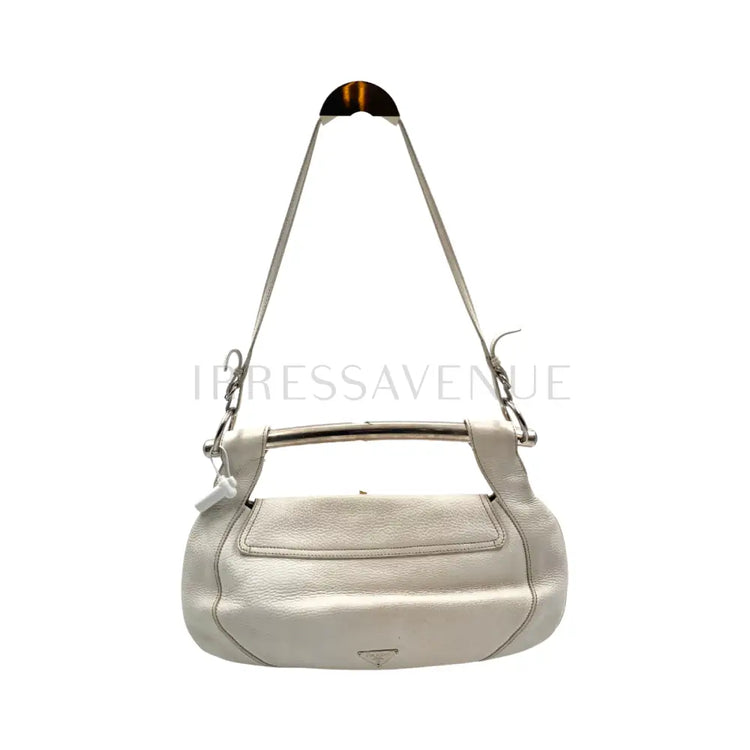 Prada White Leather Bar Shoulder Bag Silver Cream