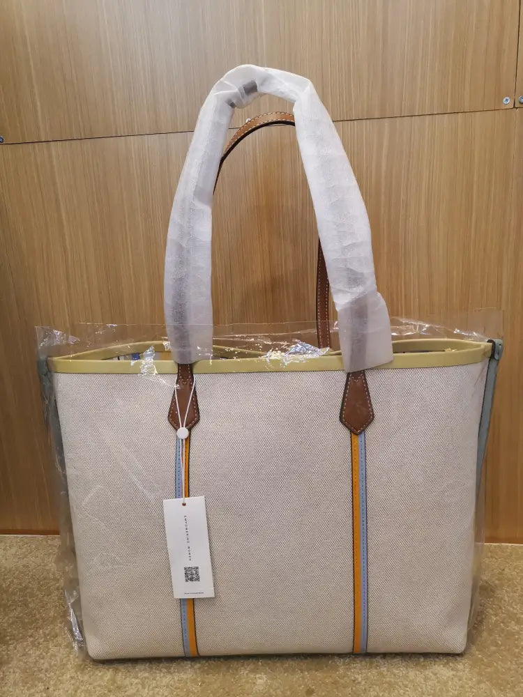 Tory Burch Perry Canvas Triple Compartment Natural Tote Bag