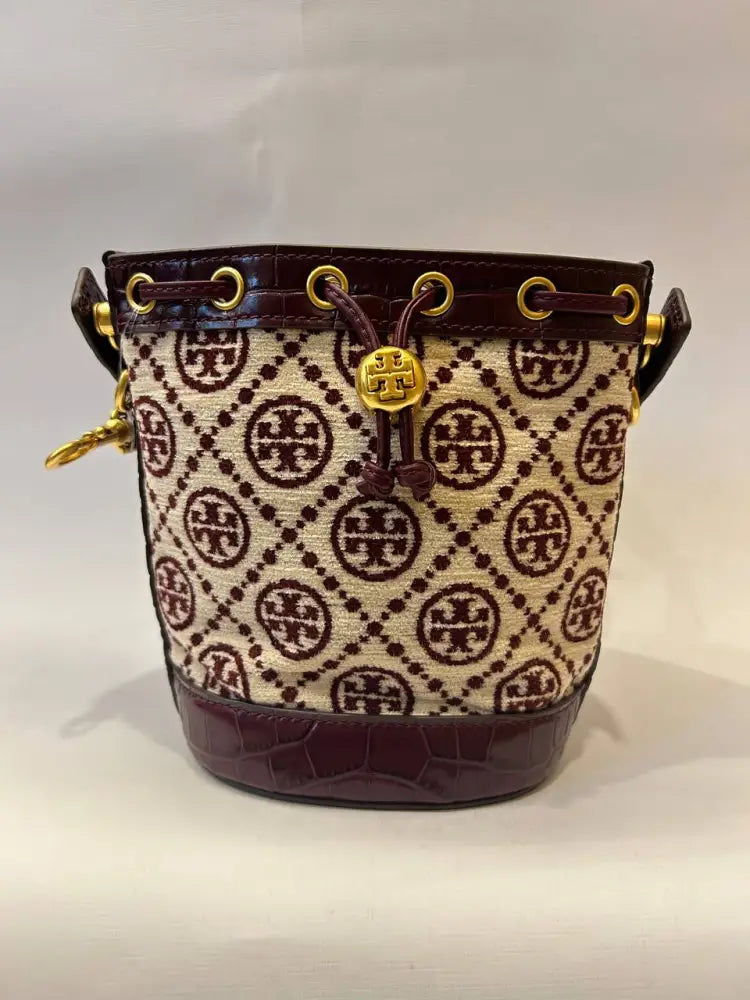 Tory Burch T Monogram Mini Chenille Bucket Bag Claret New Cream Crossbody