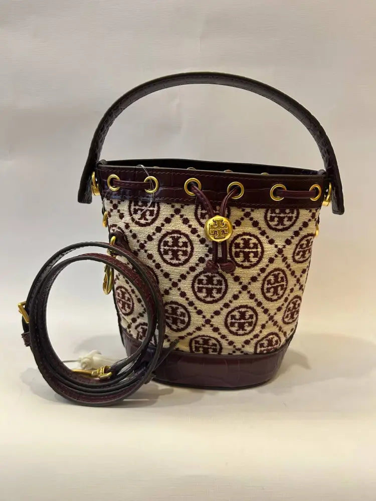 Tory Burch T Monogram Mini Chenille Bucket Bag Claret New Cream Crossbody