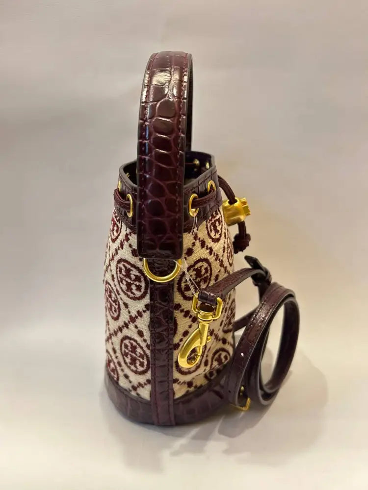 Tory Burch T Monogram Mini Chenille Bucket Bag Claret New Cream Crossbody