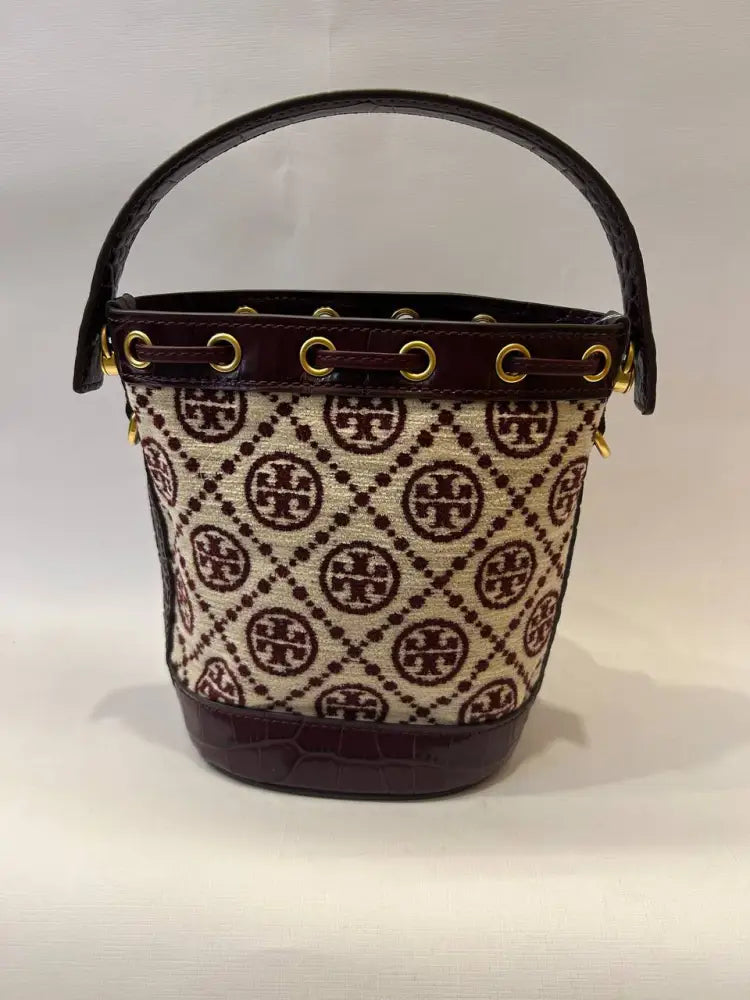 Tory Burch T Monogram Mini Chenille Bucket Bag Claret New Cream Crossbody