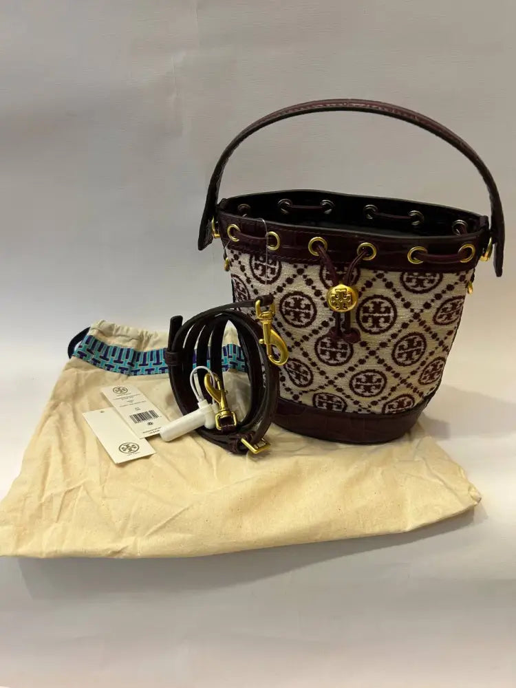 Tory Burch T Monogram Mini Chenille Bucket Bag Claret New Cream Crossbody