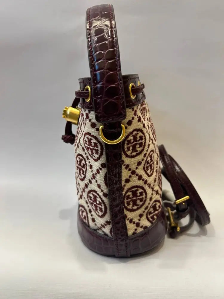 Tory Burch T Monogram Mini Chenille Bucket Bag Claret New Cream Crossbody