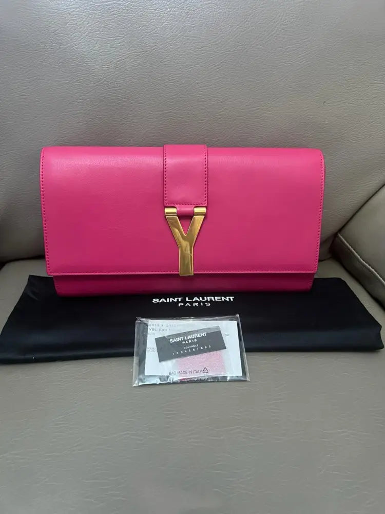 Yves Saint Laurent Sac Ligne Clutch Fuchia Ghw Pouch &