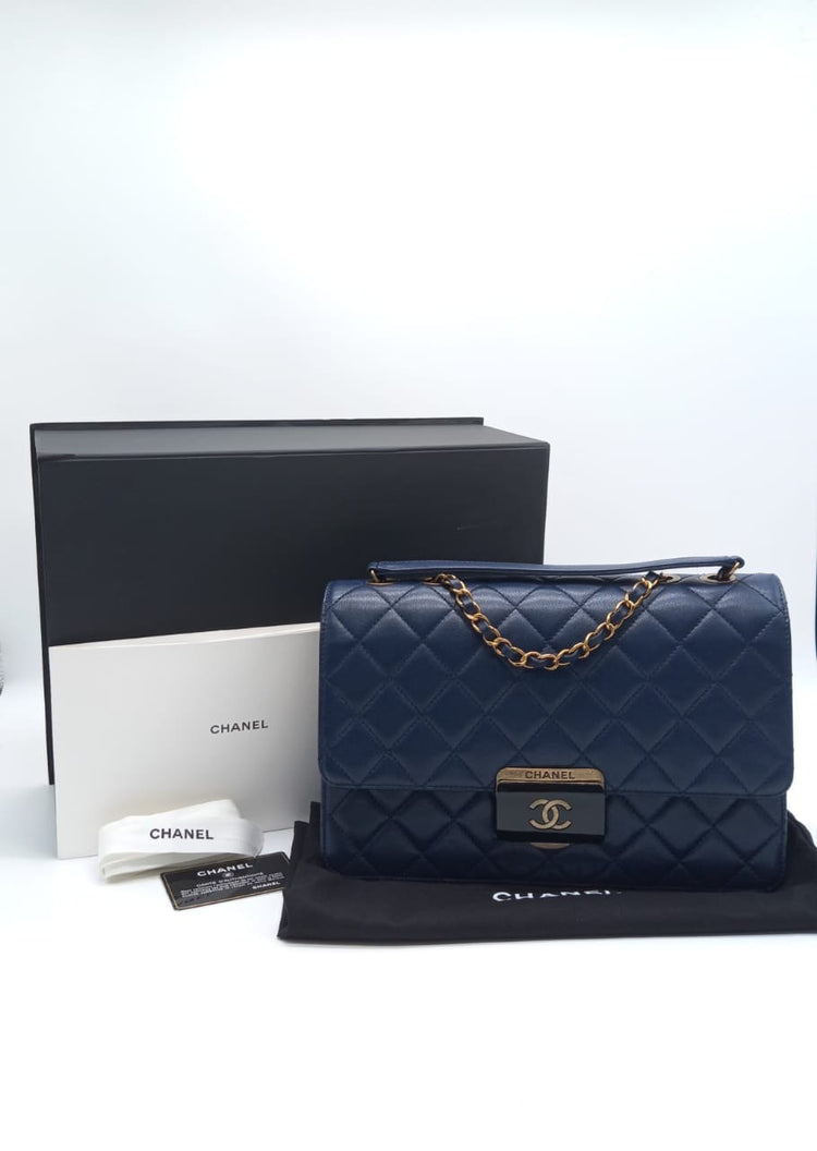 Chanel Blue Navy Leather Large Beauty Lock flap bag #22