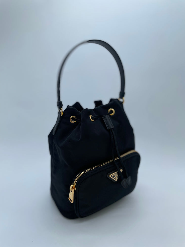 Prada Black Nylon And Leather Duet Mini Bucket Bag