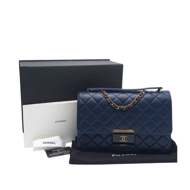 Chanel Blue Navy Leather Large Beauty Lock flap bag #22