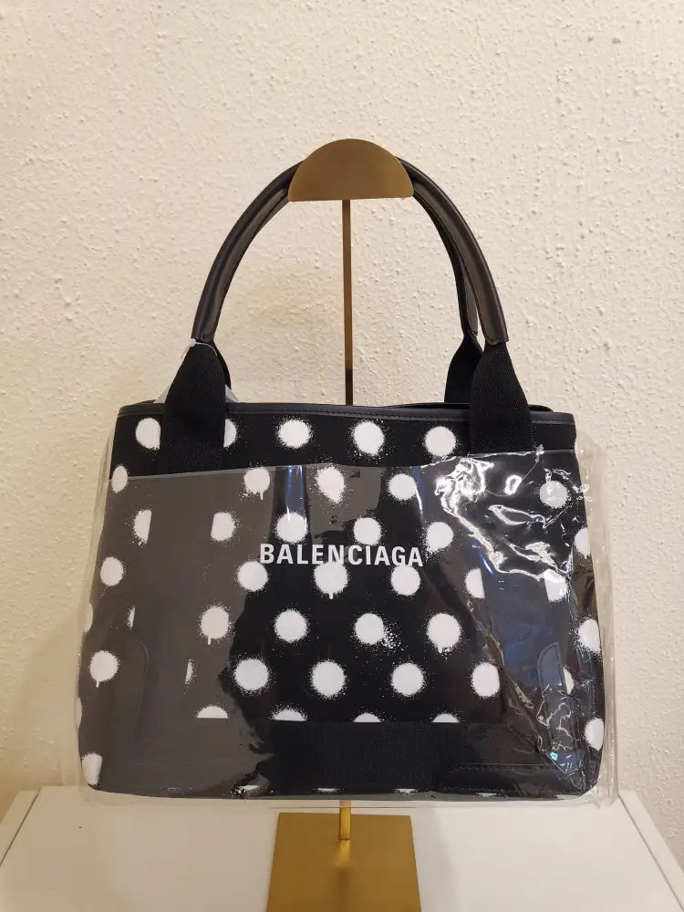 Balenciaga Cabas Tote Bag Canvas Black Polkadot With Pouch Shoulder