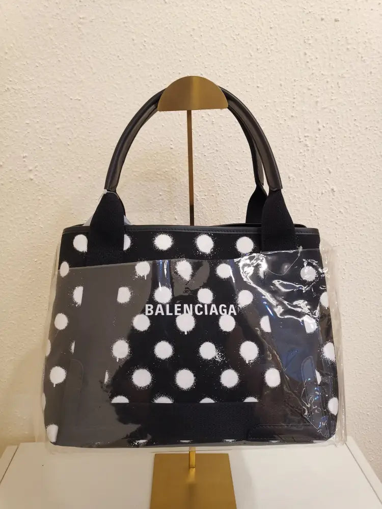 Balenciaga Cabas Tote Bag Canvas Black Polkadot With Pouch Shoulder