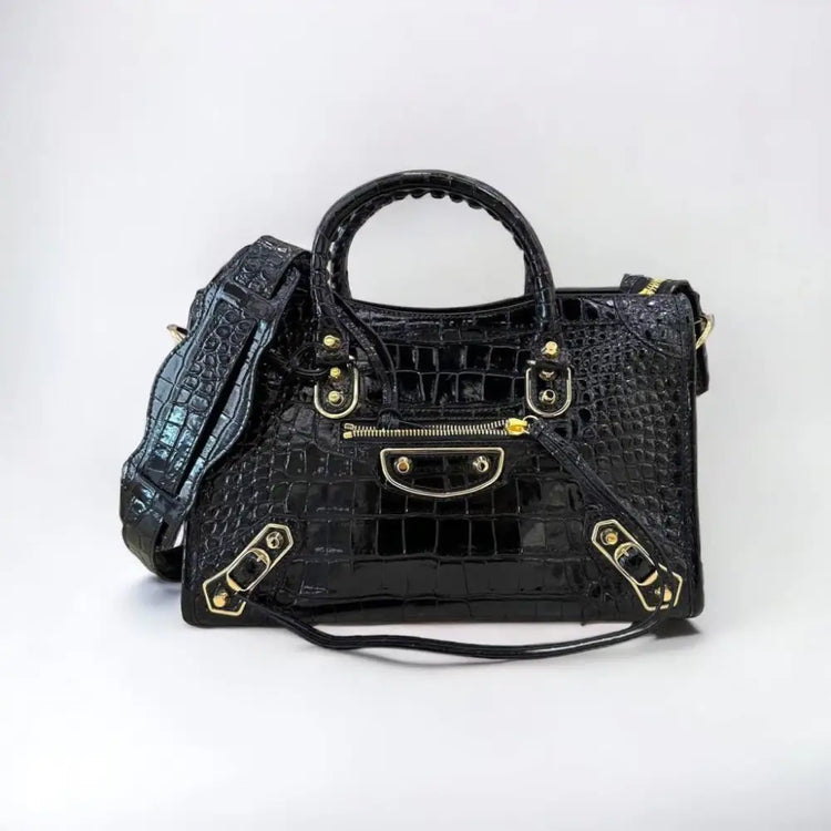 Balenciaga City Metallic Edge Black Croco Embossed Small Ghw Bag