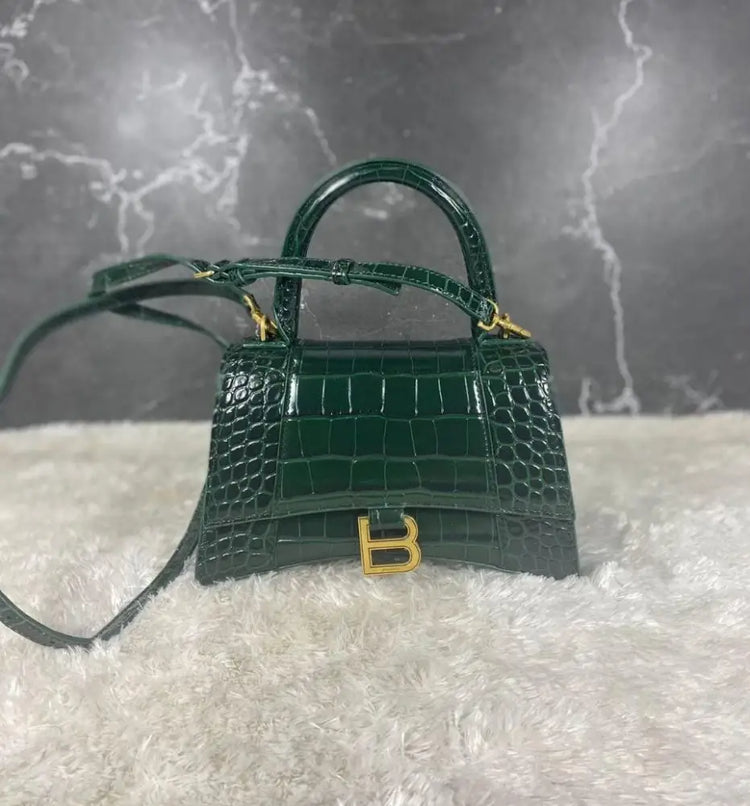 Balenciaga Hourglass Small Croco Forest Green Ghw Crossbody Bag