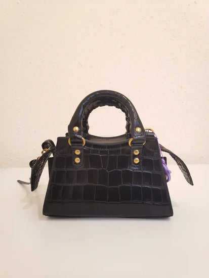 Balenciaga Neo Mini Black Shiny Croc Embossed Ghw Handbag