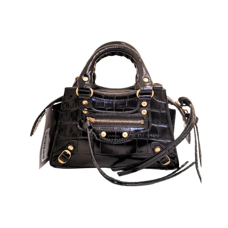 Balenciaga Neo Mini Black Shiny Croc Embossed Ghw Handbag