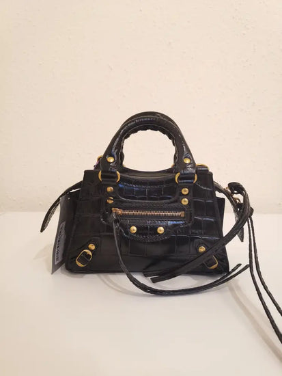 Balenciaga Neo Mini Black Shiny Croc Embossed Ghw Handbag