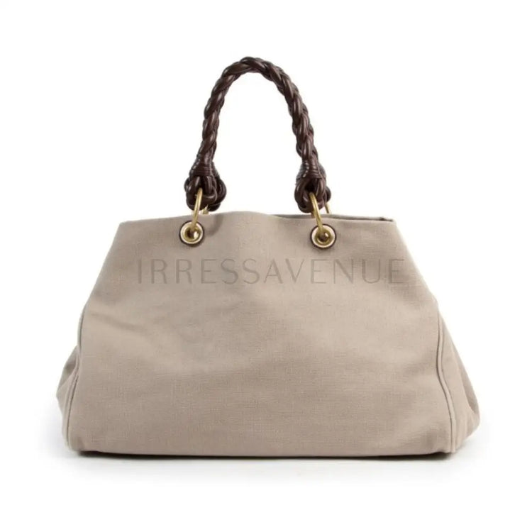 Bottega Veneta Beige Woven Canvas Top Handle Handbag