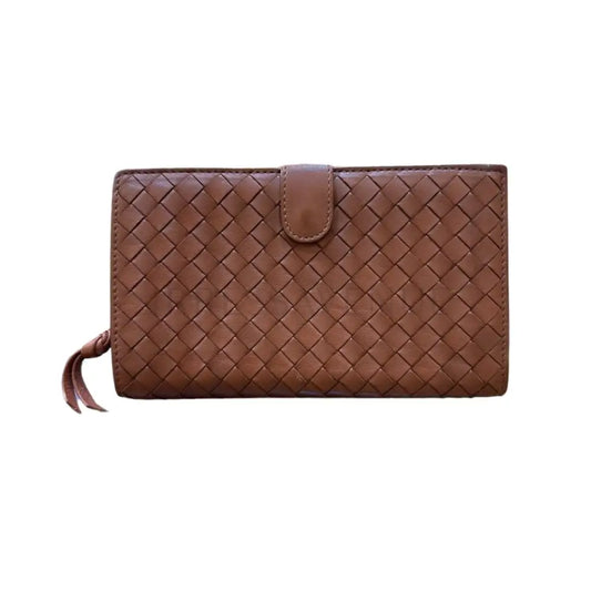 Bottega Veneta Interciatto Weave Leather French Purse Brown Wallet