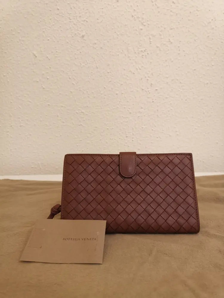 Bottega Veneta Interciatto Weave Leather French Purse Brown Wallet