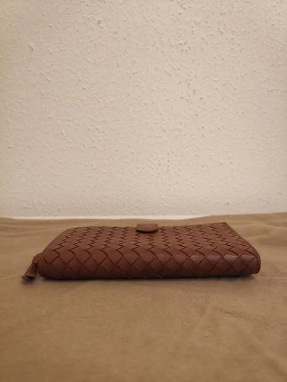 Bottega Veneta Interciatto Weave Leather French Purse Brown Wallet