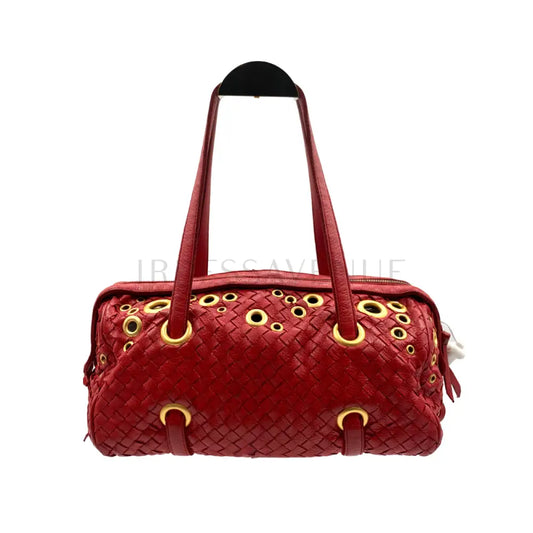 Bottega Veneta Intrecciato Leather Grommet Satchel Red Shoulder Bag