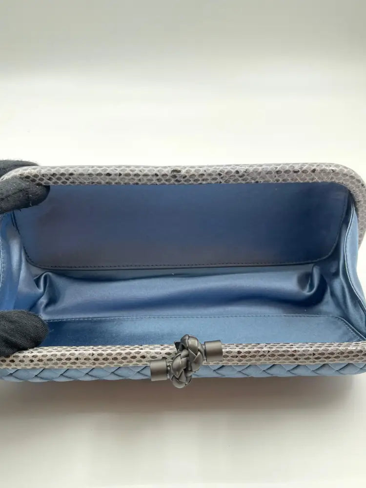 Bottega Veneta Intrecciato Stretch Knot Clutch Blue Satin Wallet