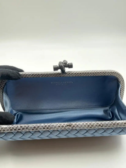 Bottega Veneta Intrecciato Stretch Knot Clutch Blue Satin Wallet