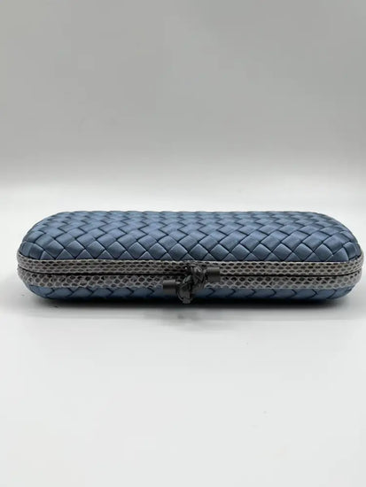 Bottega Veneta Intrecciato Stretch Knot Clutch Blue Satin Wallet