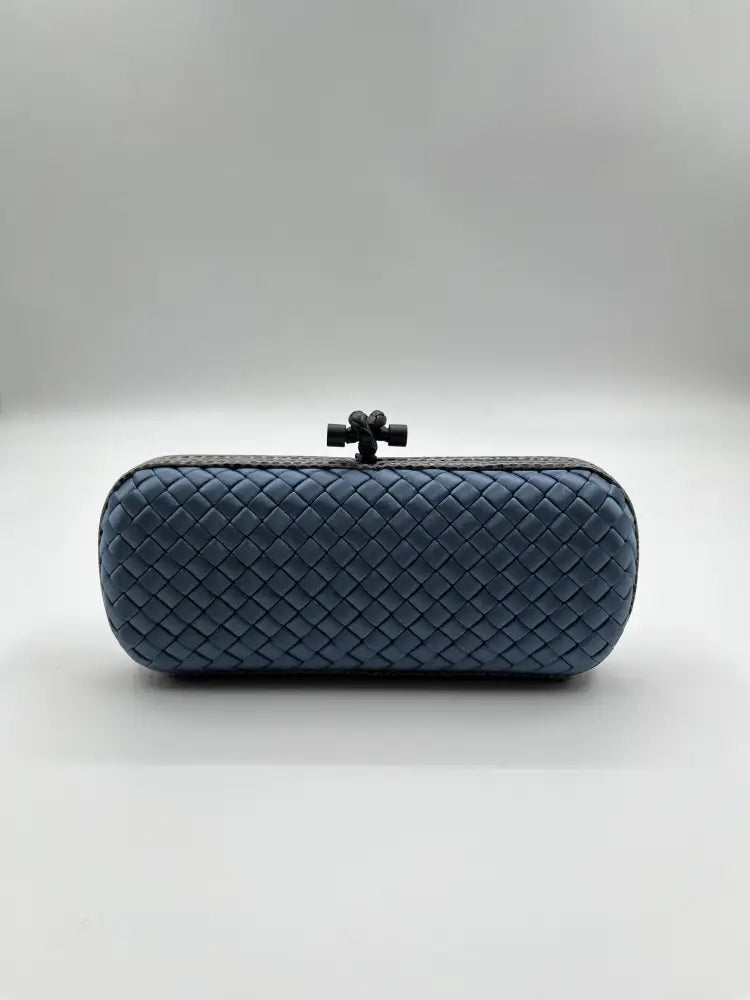 Bottega Veneta Intrecciato Stretch Knot Clutch Blue Satin Wallet