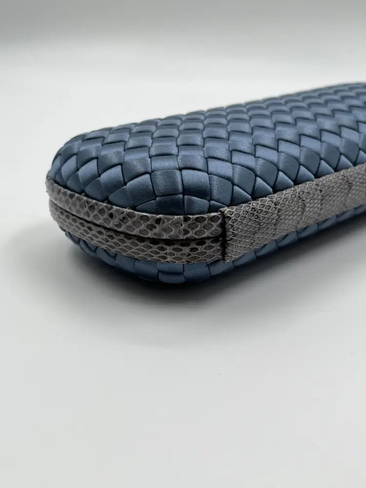 Bottega Veneta Intrecciato Stretch Knot Clutch Blue Satin Wallet