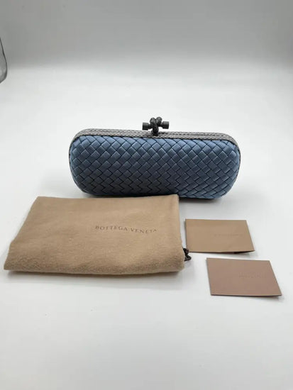 Bottega Veneta Intrecciato Stretch Knot Clutch Blue Satin Wallet