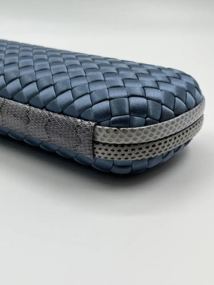 Bottega Veneta Intrecciato Stretch Knot Clutch Blue Satin Wallet