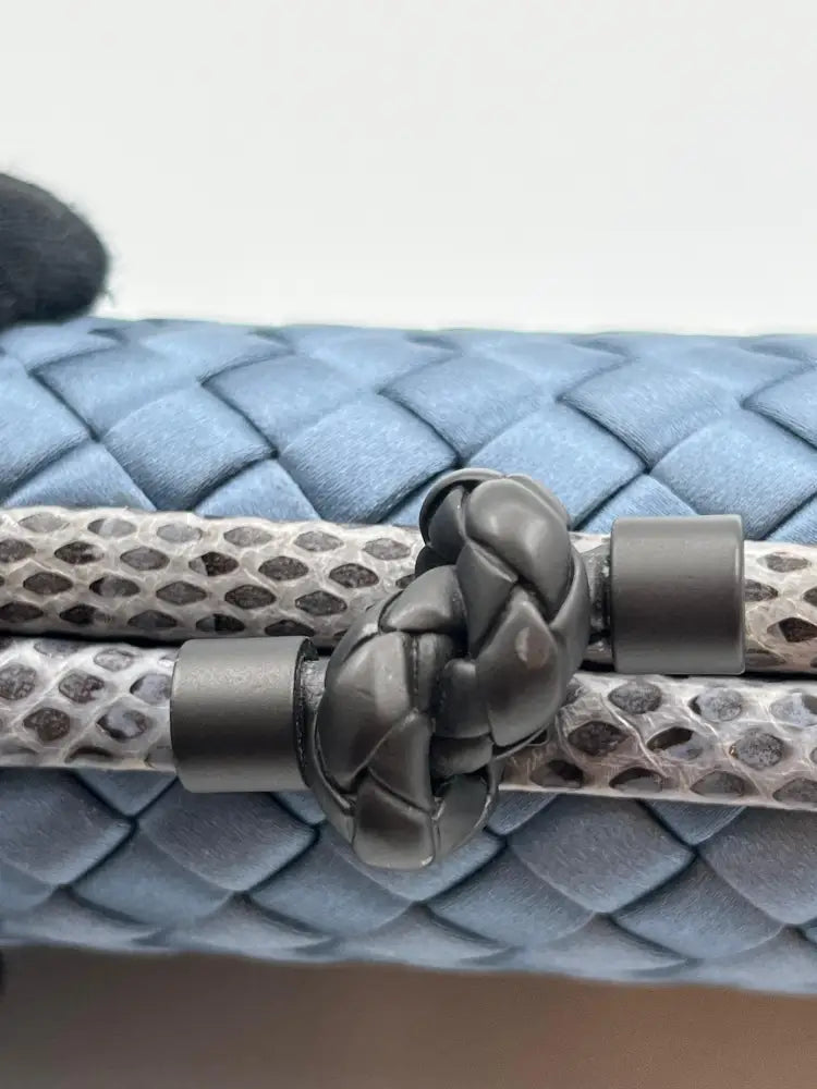 Bottega Veneta Intrecciato Stretch Knot Clutch Blue Satin Wallet