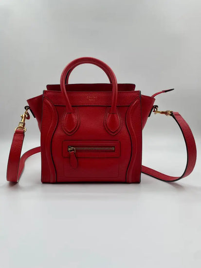 Celine Nano Luggage Bag In Drummed Calfskin Red