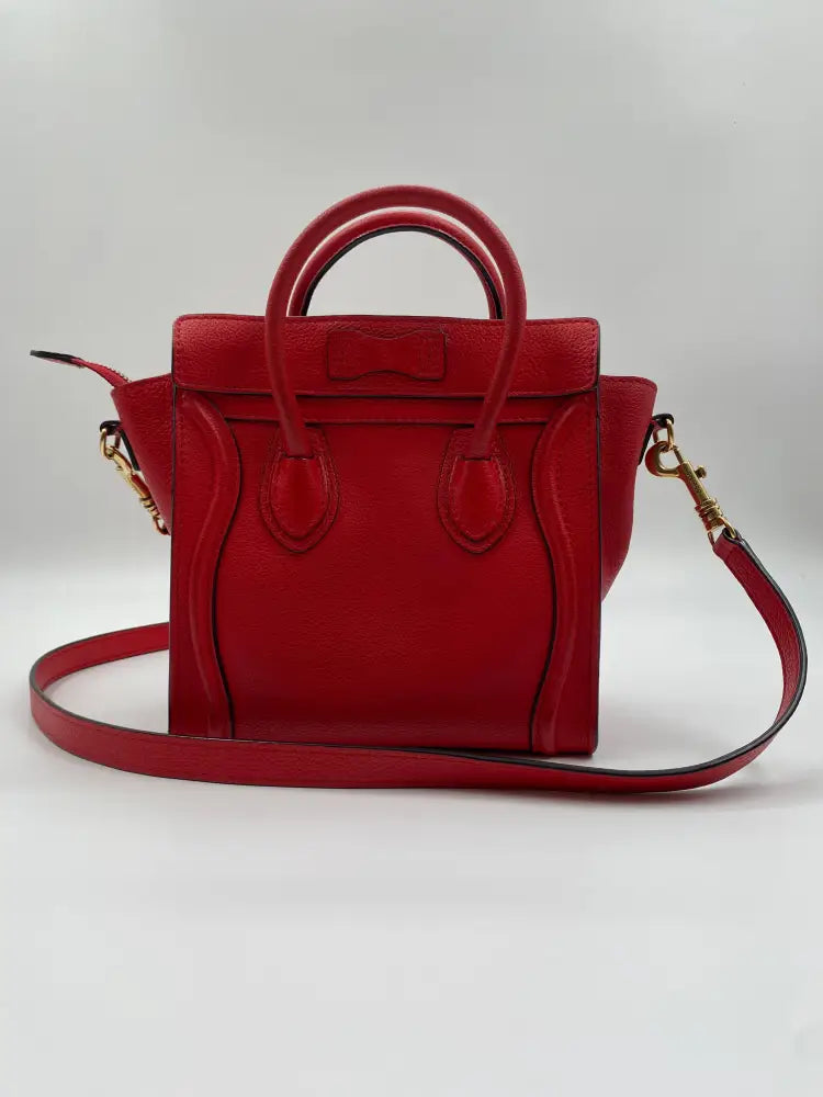 Celine Nano Luggage Bag In Drummed Calfskin Red