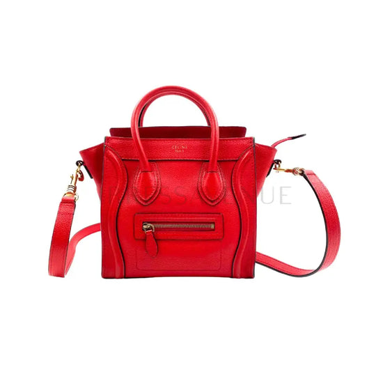 Celine Nano Luggage Bag In Drummed Calfskin Red Crossbody