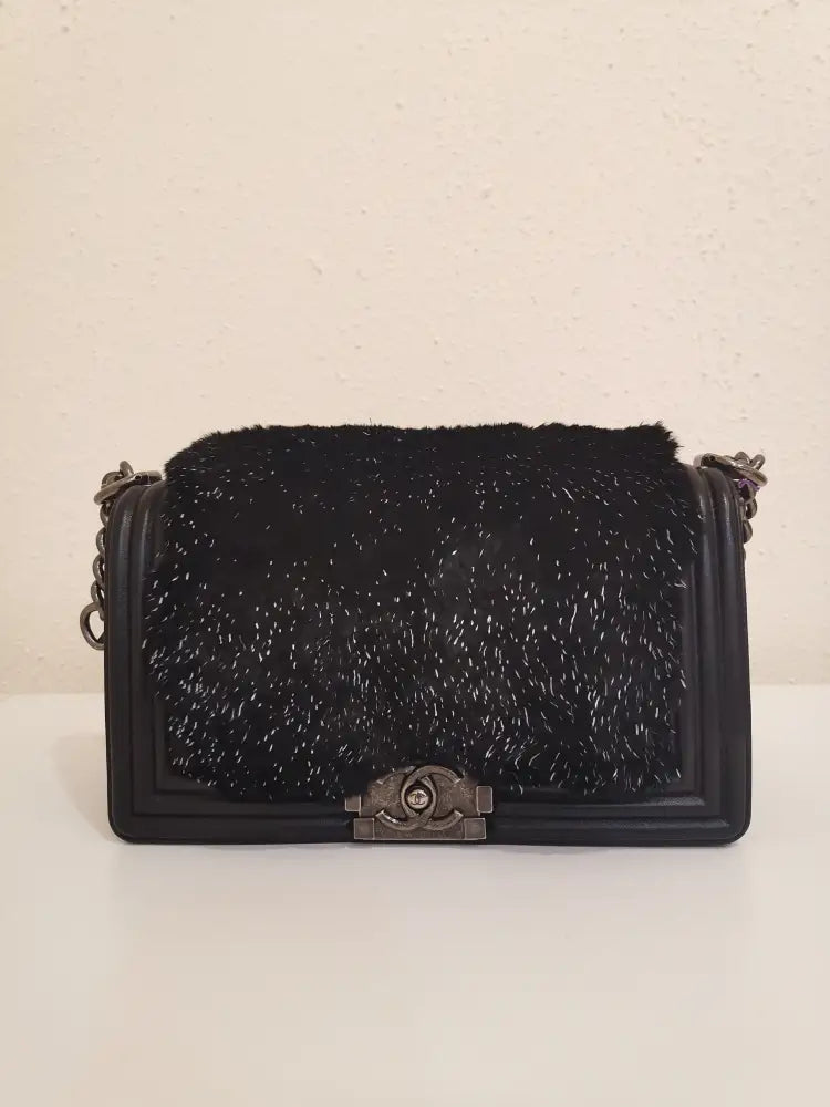 Chanel Boy New Medium Lamb & Black / White Fur Rthw #23 Crossbody Bag