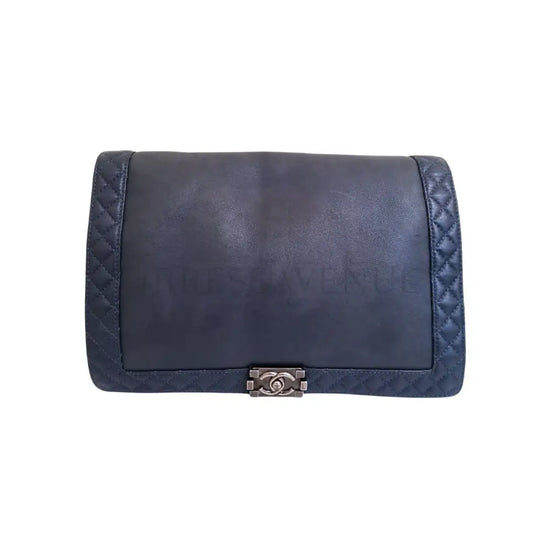 Chanel Boy Reverso Xl Dark Blue Calfskin Rthw #19 Crossbody Bag